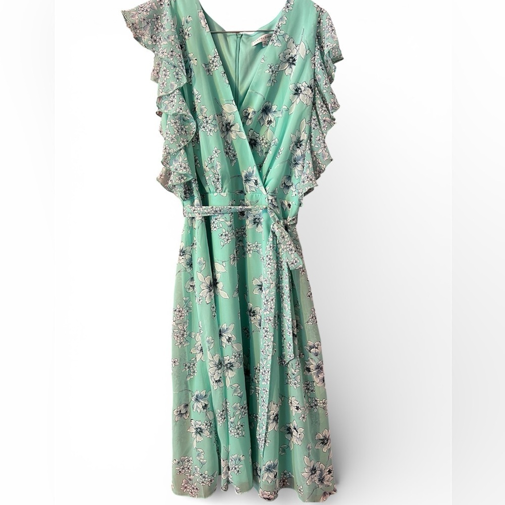 Vintage Sandra Darren Floral Ruffle Sleeve Dress in Light Blue Mint Green 10